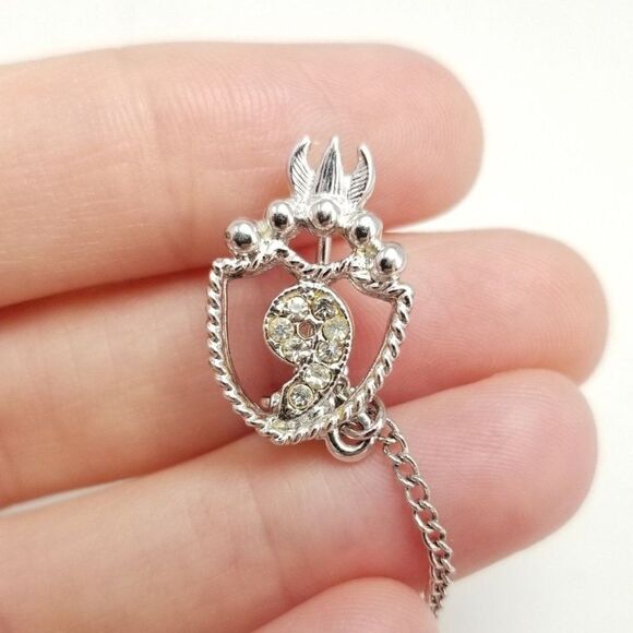 Vintage Little Number 9 Rhinestone Brooch, Silver Tone Lapel Pin, Estate - Picture 1 of 5